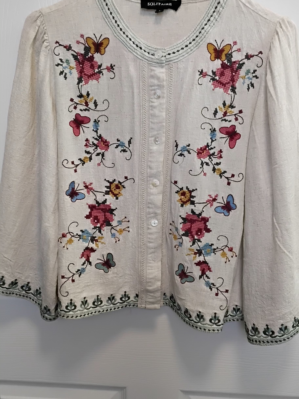 Solitaire Embroidered & Cross Stitched Floral & Butterfly Button-Front Top